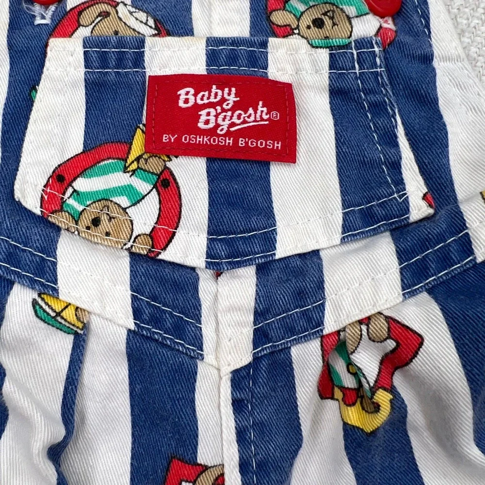 Baby OshKosh Shortall Bubble Overalls 12M Blue White Striped Sailor Bear VTG 80s